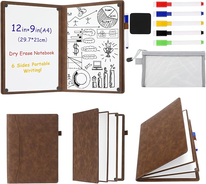 Feifeiya 6 Sides Dry Erase Notebook Portable Whiteboards Notebook 12"x9"(a4) Small Reusable Whiteboard Notepad Foldable Anti-ghosting Surface, Travel White Board for Office Study Meeting Planning