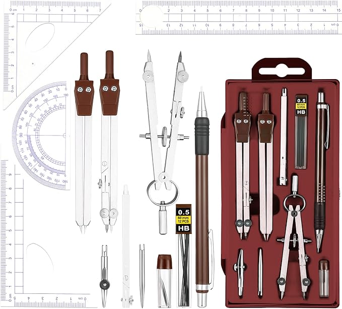Outus 13 Pcs Geometry Set for Students Math Protractor Compass with Rulers Mechanical Pencil Lead Refills Storage Box of Protractors Kit for School Class Student Drafting Drawing