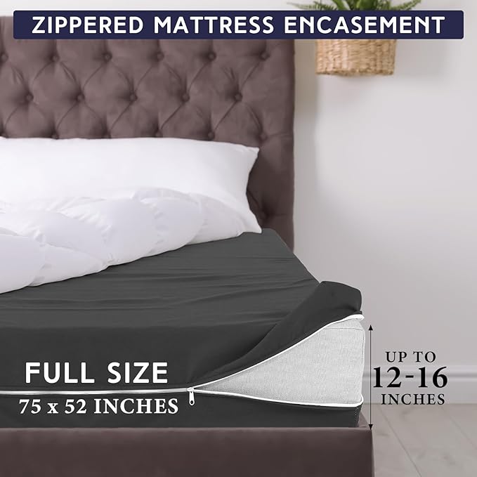 Zippered Mattress Fitted Protector Deep Mattress Encasement Soft Zipper Fitted Sheet Microfiber Bed Sheet Cover for Bed(Dark Gray,Full,12-16in)