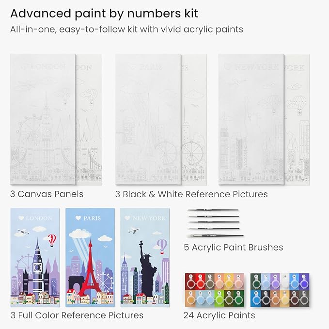ARTEZA Paint by Numbers Kit – 8x16 in Tri-Panel Cities Scene with 3 Canvas Panels, 24 Acrylic Colors & 5 Brushes, Art Kit for Advanced Artists
