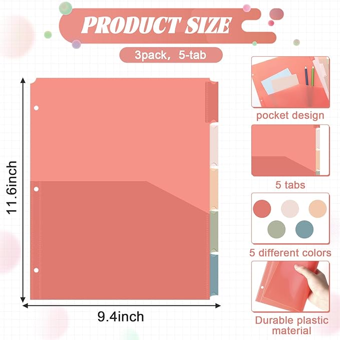 3 Sets 5 Tab Binder Dividers with Pockets for 3 Ring Plastic Binders 9.3 x 11.2 Inches 3 Hole Punched Page Dividers Sturdy Colorful Divider for Office School Business Home Organizer (Vintage Color)