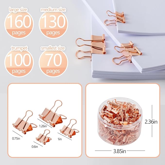 Binder Clip Paper Clamps, Assorted Sizes (Mini, Small, Medium, Large), 100 Pcs Clips for Office School Supplies (Rose Gold)