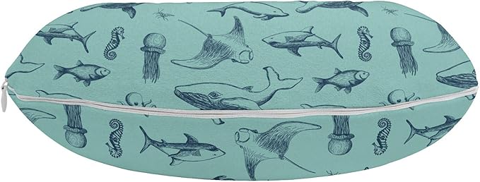 Ambesonne Nautical Travel Pillow Neck Rest, Vintage Marine Style Pattern with Whale Shark Jellyfish Seahorse, Memory Foam Traveling Accessory for Airplane and Car, 12", Sky Blue
