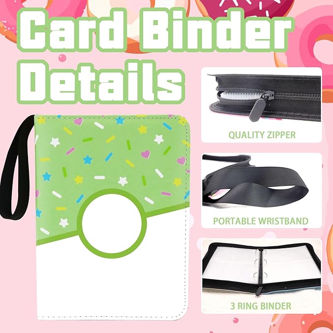 9 Pocket Card Binder 900 Card Holder Album, Green Donut Trading Cards Holder Zipper Binder for Girl Teen Collection (Green Donut, 900 Pocket)