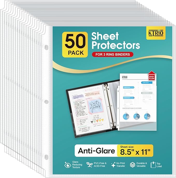 KTRIO 50 Pack Sheet Protectors for 3 Ring Binder, Non Glare Clear Page Protector, Plastic Document Sleeves Fits Standard 8.5 x 11 Paper, Top Loading, Acid Free