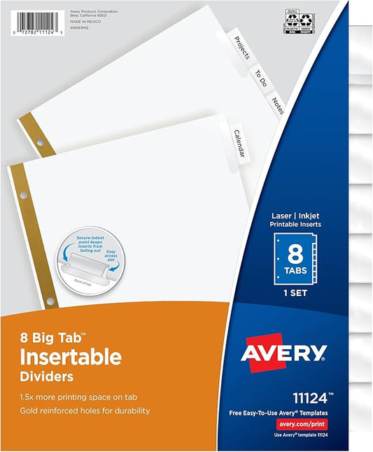 Avery Big Tab Insertable Dividers for 3 Ring Binders, 8-Tab Set, White Paper, Clear Tabs, 1 Binder Divider Set (11124)
