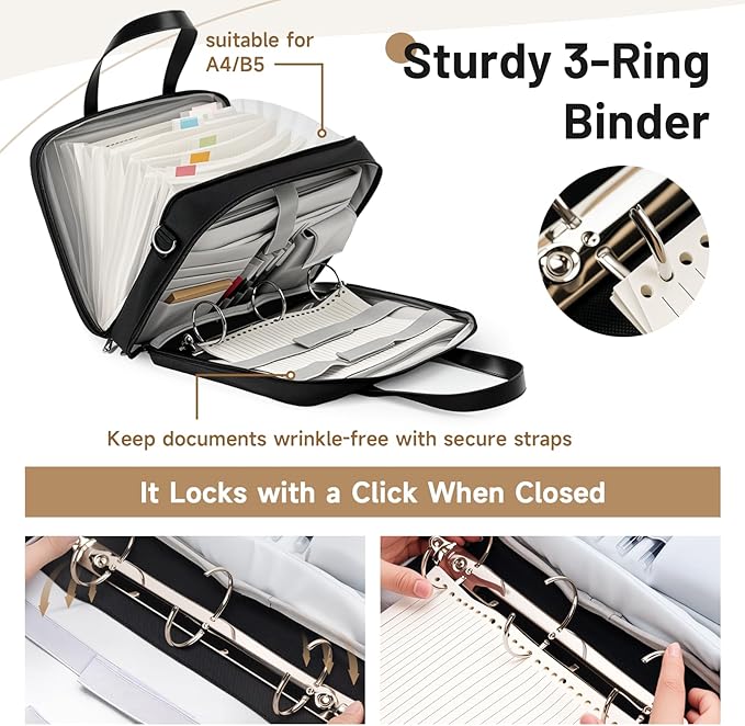 3 Ring Binder with Zipper Fits 500 Sheets, 2 Inch Zipper Binder 3 Ring with Shoulder Strap, Binders Organizer Bag with 16" Laptop Compartment for School and Office