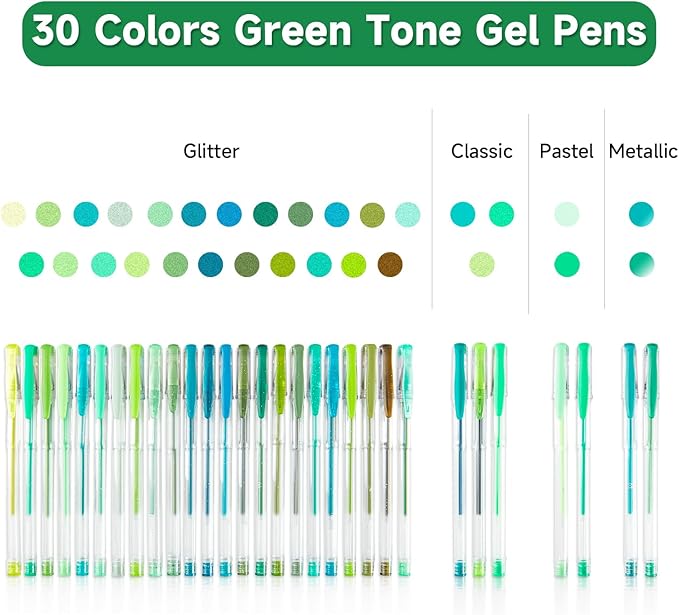 Shuttle Art 60 Pack Green Tone Gel Pens, 30 Green Tone Gel Pens with 30 Refills for Adults Coloring Books Journaling Drawing Nature, Landscapes, Animals Scenes