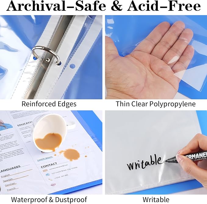 100 Pack Clear Sheet Protectors 8.5 x 11 Inch, Letter Size Page Protectors for 3 Ring Binder, Premium Polypropylene, Reinforced Holes, Acid Free, Top Loading for Documents, Paper, Photos