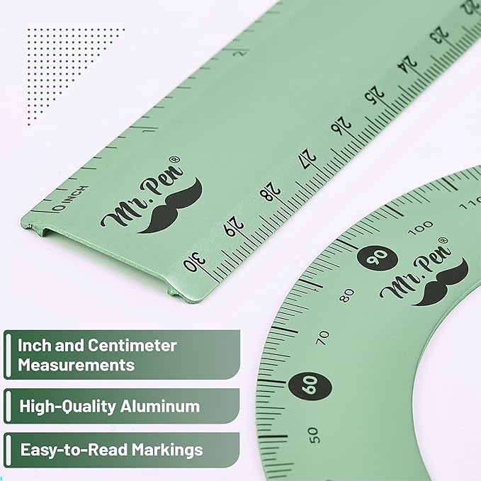 Mr. Pen- Geometry Set, 4 Pack, Light Green, Metal Geometry Kit, Triangle Ruler, Metal Ruler, Drafting Triangles, Metal Protractor, Metal Set Square, Drafting Ruler, Drafting Set