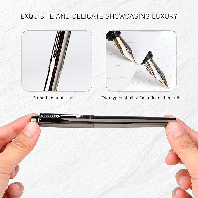 Fountain Pen with Fine Nib & Black Ink, Refillable & Elegant Bent Nib Design, Calligraphy Pens for Writing, Best Fountain Pen for Smooth & Fancy Writing(Grey)