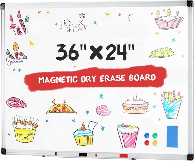 OLIXIS Magnetic White Board, Dry Erase Board for Wall 36" x 24", Whiteboard with 1 Dry Eraser & 2 Multicolor Markers & 4 Magnetic Pins, Aluminium Frame for School, Office, White