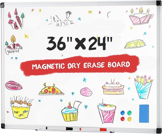 OLIXIS Magnetic White Board, Dry Erase Board for Wall 36" x 24", Whiteboard with 1 Dry Eraser & 2 Multicolor Markers & 4 Magnetic Pins, Aluminium Frame for School, Office, White