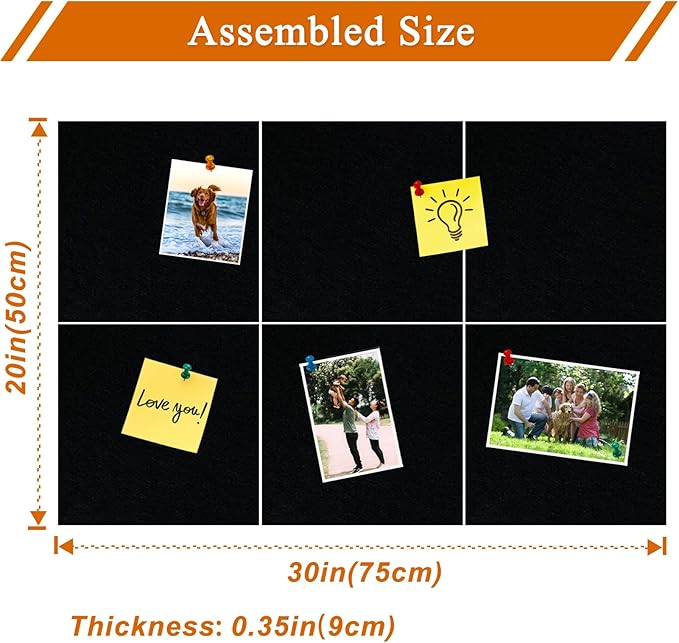 Square Felt Cork Bulletin Board Tiles, Self Adhesive DIY Felt Pin Board for Wall 30" x 20" with 35 Pushpins for Office School Home Wall Decor Stickers Memos Photos Display (Black)