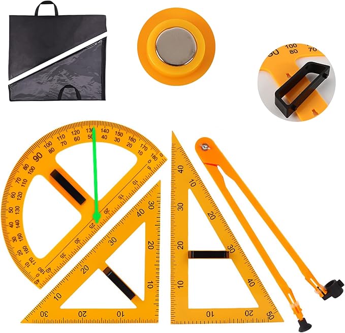 Magnetic Triangular Scale Ruler Set Drafting Tools Mathematics Protractor Pencil Compass, Math Geometry Classroom Teaching Measurement Set Oversized Ruler (4-pcs Ruler Compass Protractor)