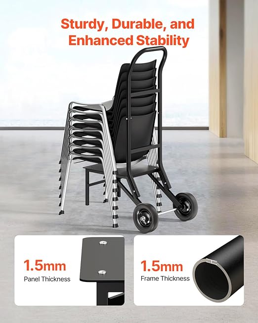 VEVOR Folding Chair Rack, 150 LBS Capacity, Heavy-Duty Chair Cart for Stacking 10 Chairs, Multi-Function Metal Chair Storage Dolly with Rubber Wheels, Push-Style Chair Holder, Matte Black