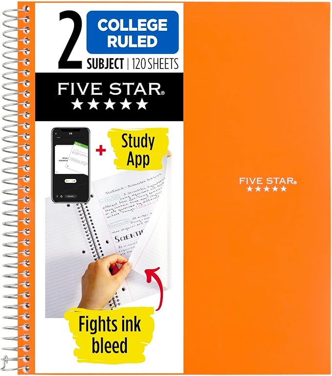 Five Star Spiral Notebook + Study App, 2 Subject, College Ruled, 8-1/2" x 11", 120 Sheets, Fights Ink Bleed, Purple, Orange, Green, Blue, Gray, Black, Color Will Vary, 1 Count (824230)