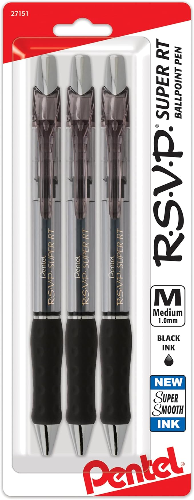 Pentel RSVP Super RT Ballpoint Pen, (1.0mm) Medium Line, Black Ink, Pack of 3 (BX480BP3A)