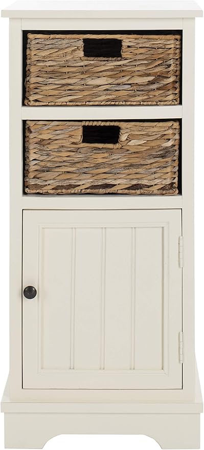 SAFAVIEH Home Collection – Connery Distressed Vintage White Storage Cabinet with Rattan Baskets & Bottom Door, Farmhouse Accent Storage, Fully Assembled (AMH5742B)