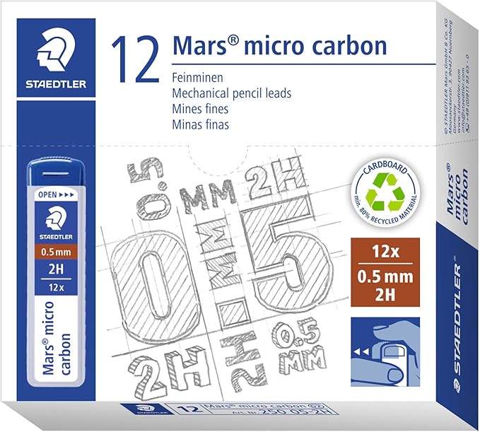 Staedtler Mars Micro Carbon Mechanical Pencil Refills, Tube of 12 0.5mm, Pack of 12 Tubes, 2H Fine Point Graphite Leads, 250 05-2H
