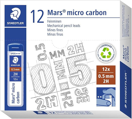 Staedtler Mars Micro Carbon Mechanical Pencil Refills, Tube of 12 0.5mm, Pack of 12 Tubes, 2H Fine Point Graphite Leads, 250 05-2H