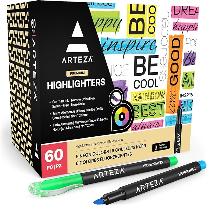 ARTEZA Highlighters – Set of 60 Assorted Neon Colors with Narrow Chisel Tips, Quick-Dry Ink for School, Office, Journaling & Note-Taking