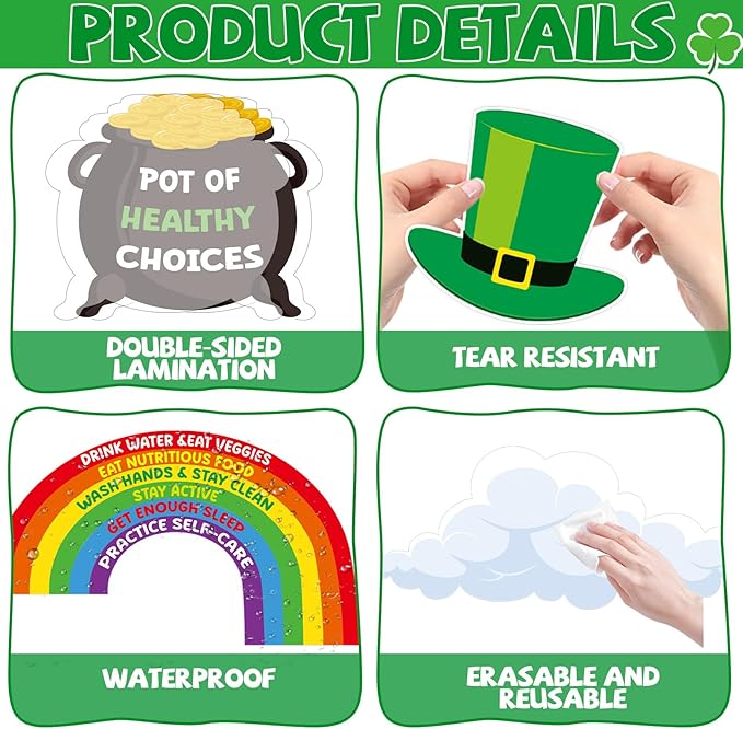 St. Patrick's Day Health Bulletin Board Lucky Shamrock Bulletin Board Decorations Rainbow Gold Coin Paper Cutouts for St. Patrick Party Supplies Home Classroom Chalkboard Wall Door Window Decoration
