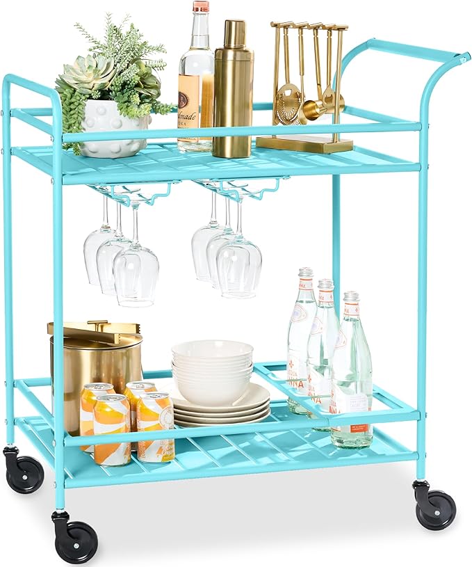 Best Choice Products Rolling Bar Cart, Mobile Home Bar Serving Cart, Serving Station w/ 2 Tier Shelves, Wine Rack, Lockable Wheels - Teal