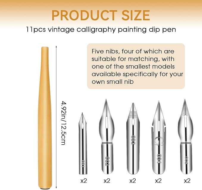 11PCS Comic Pen Nib Set, Oblique Calligraphy Dip Pen Set Fluid Writer Pen, Wooden Drawing Pen Holder with 10 Pieces Stainless Steel Pen Replacement Nibs Nib for Writing, Painting, Signing, Sketch
