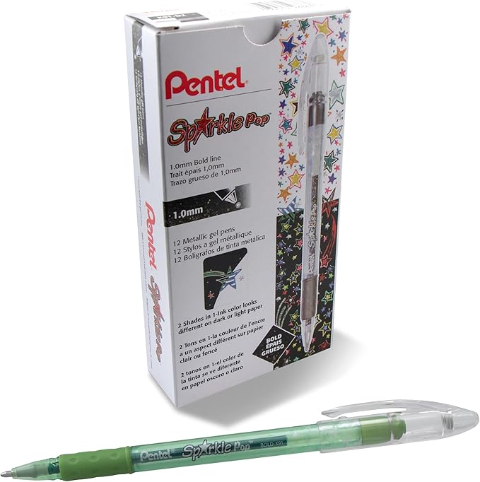 Pentel Sparkle Pop Metallic Gel Pen, (1.0mm) Bold Line, Green/Blue Ink, Box of 12 Pens (K91-DD)