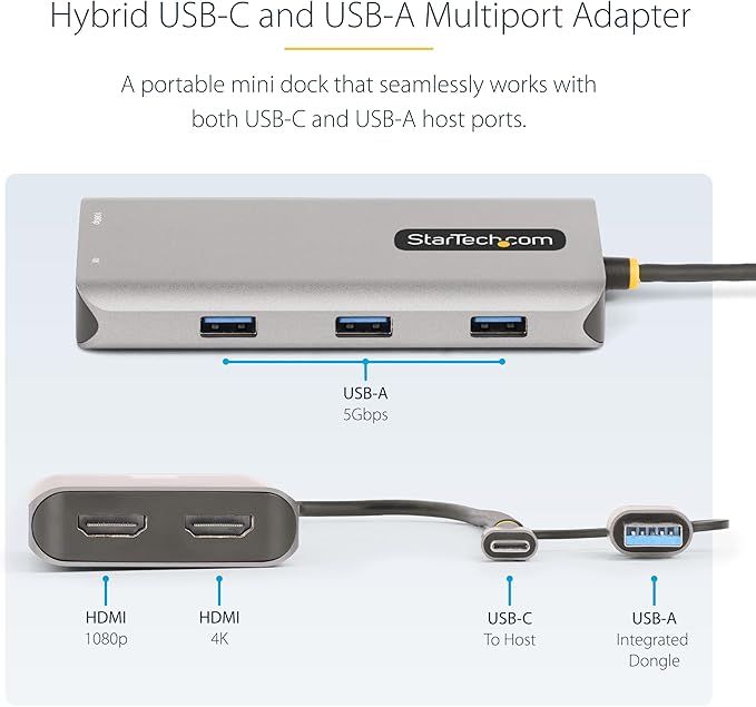 StarTech.com USB-C Multiport Adapter w/Attached USB-C to USB-A Dongle, Dual HDMI (4K30Hz/1080p60Hz), 3X USB-A 5Gbps, Mini Travel Dock, Laptop Docking Station, 1.3ft/40cm Cable (167B-USBC-MULTIPORT)