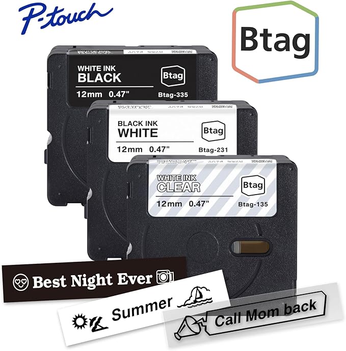 Brother Genuine P-Touch Btag Label Tape, BTAG3M01, 0.47 in by 13.1 ft, White on Clear, Black on White, White on Black, 3-Pack. (Works Only with Brother PT-N10, PT-N20, PT-N25BT Label Makers)