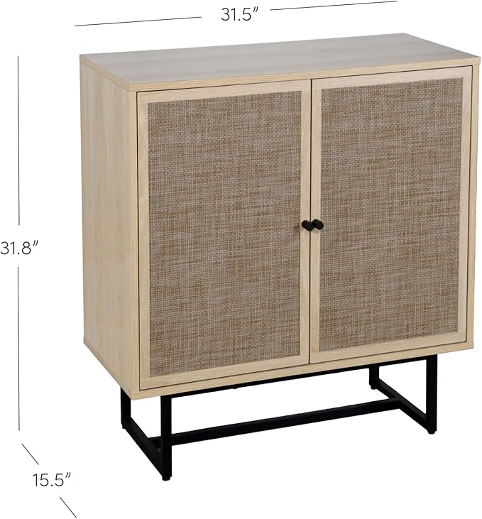Nathan James Kova Accent Sideboard Storage Cabinet in Light Wood and Rattan with Metal Frame, Adjustable Shelves and Cane Doors, for Hallway, or Living Room, Light Oak/Cane/Black