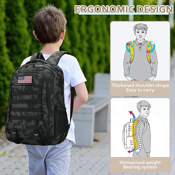 35L 19'' Camo Backpack for Boys - Waterproof Tactical Bookbag for 15.6" Laptop Sleeve & MOLLE System for School Camping Travel