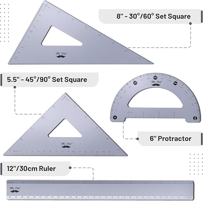 Mr. Pen- Geometry Set, 4 Pack, Periwinkle Gray, Metal Geometry Kit, Triangle Ruler, Metal Ruler, Drafting Triangles, Metal Protractor, Metal Set Square, Drafting Ruler, Drafting Set