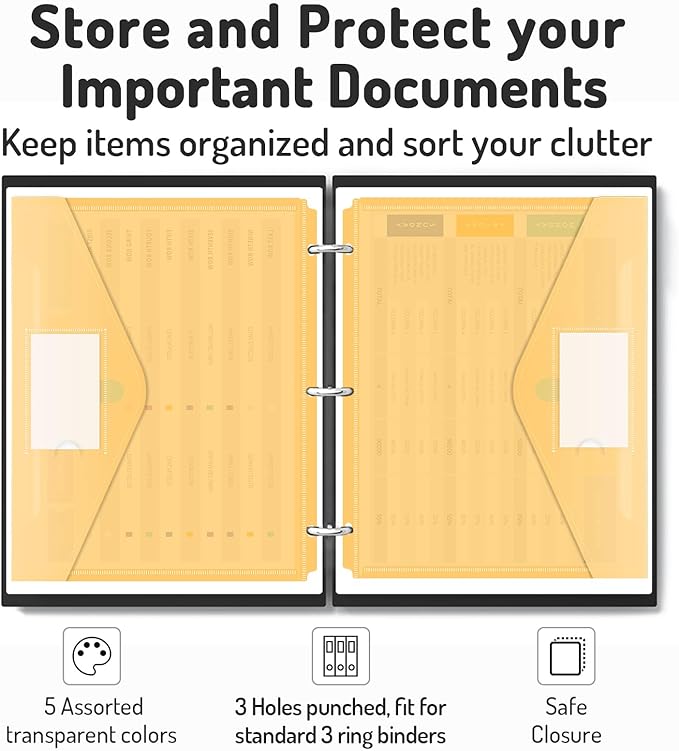 Forvencer Binder Pocket, 10 Pack Super Heavyweight Plastic Folders with Tight Closure, Binder Folders Side Loading, 3 Ring Binder Pocket, Binder Dividers with Pockets, Letter Size, Retro Series