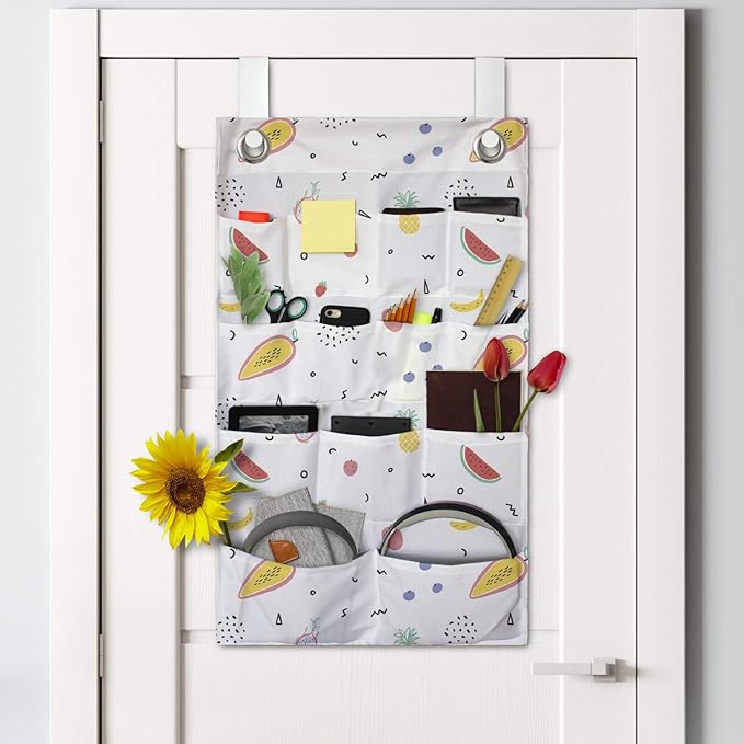 Ambesonne Fruits Hanging Pocket Organizer, Hand Drawn Tropical Items and Dots or Mini Motifs Scattered on a Plain Background, Printed Polyester Storage Bag with Pockets, 21" x 31", Multicolor