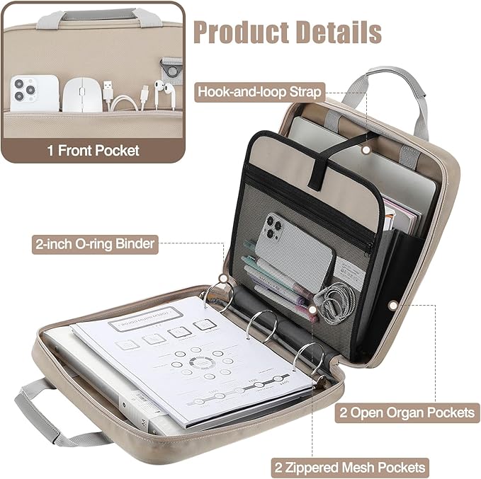 MoKo Zipper Binder, 2 Inch 3 Ring Binder with 500 Sheets Capacity & Shoulder Strap & Handle, Multi-Pocket Zipper Bag Organizer for Middle School, Light Tan