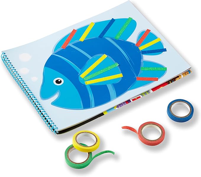 Melissa & Doug Tape Activity Book for Kids with 4 Easy-Tear Tape Rolls (Blue, Green, Red, Yellow) & 20 Reusable Scenes on Spiral-Bound Sheets, Road Trip Activities & Travel Toys for Kids Ages 4+