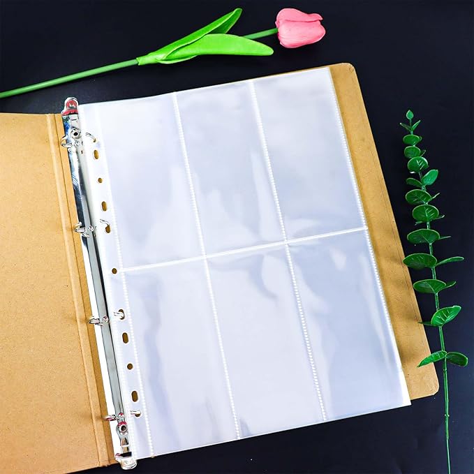 NatSumeBasics 20 A4 Binder 6 Pocket 2.5" X 6" Sheet Protectors Clear Binder Sleeves for A4 Binder Notebook Folder Cash Money Organizer (6 Pocket)