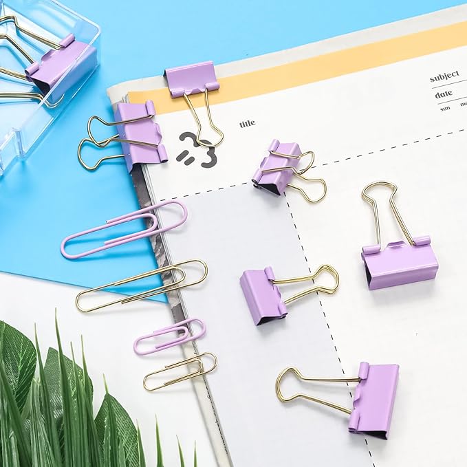 Paper Clips Binder Clips Combo Set, Assorted Size, 155 Pcs, Office Supplies Set for Office, School and Home(Purple)
