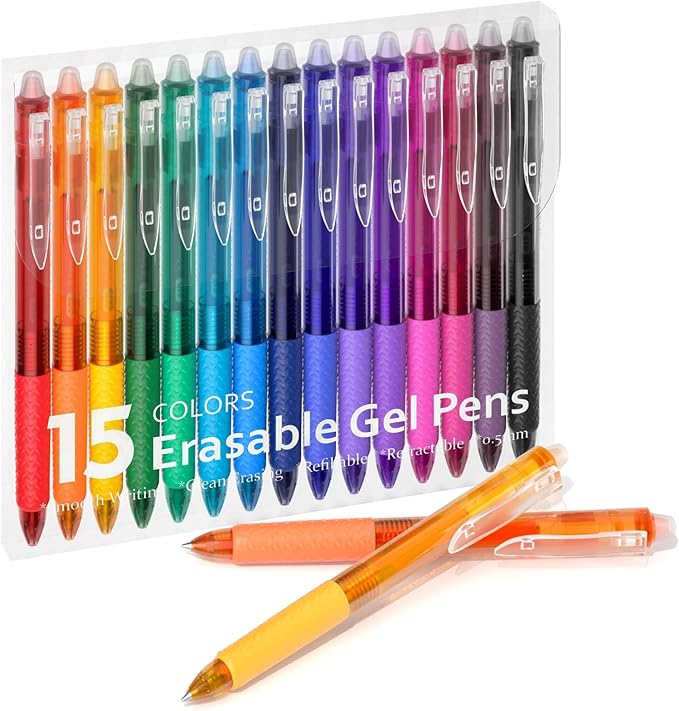 Erasable Gel Pens, 15 Colors Retractable Fine Point Erasable Pens Clicker, Fine Point(0.5mm), Assorted Color Inks, Make Mistakes Disappear for Drawing Writing Planner and Crossword Puzzles