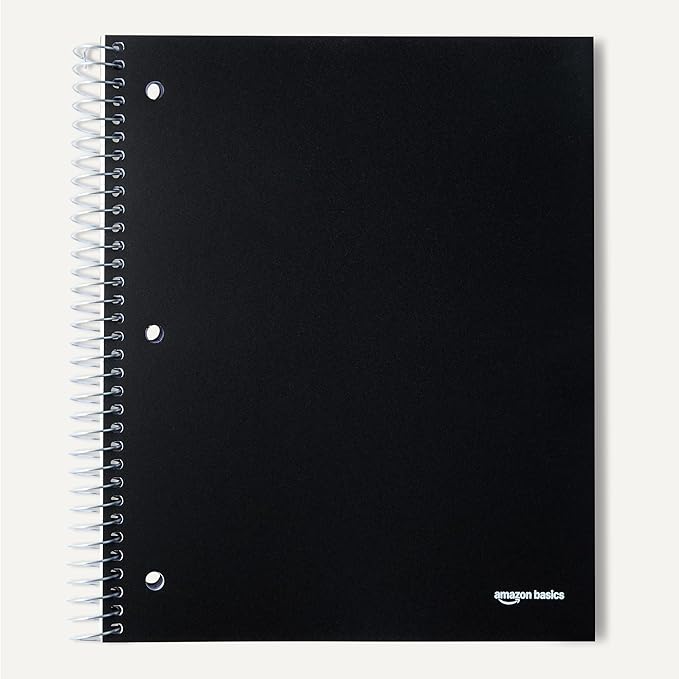 Amazon Basics Wide College Ruled 3-Subject Notebook, Poly Cover, 8.5" x 10.5", 150 Sheets, Black, 2-Pack