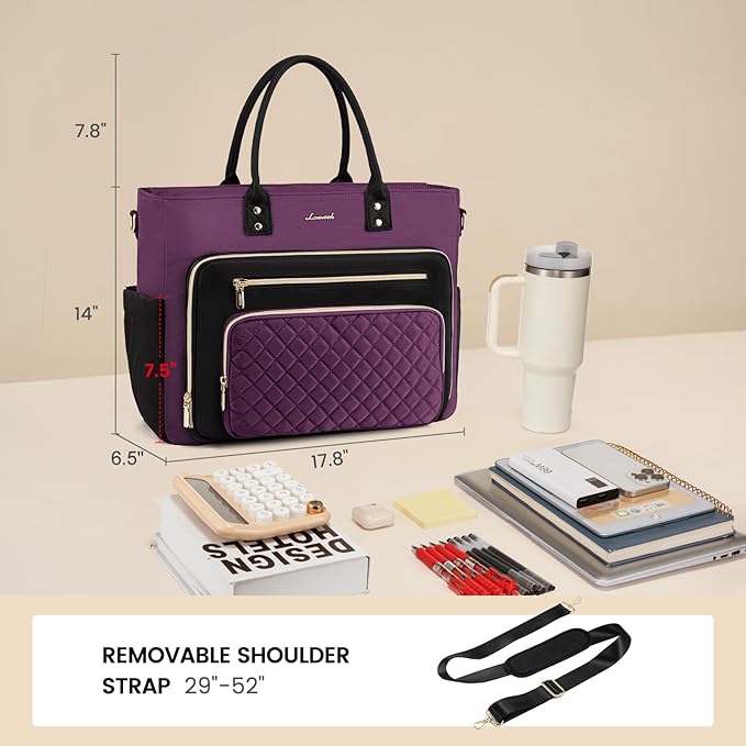 LOVEVOOK Teacher Tote Bag for Women Work, Laptop Bag Work Tote Bag Nurse Bags With Large Cup Holder, Professional Computer Briefcase Business Large Purses Handbag, Diaper Bag Mother Gift, Black-Purple