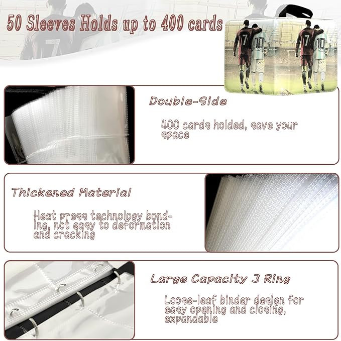 Soccer Card Binder - 400 Capacity 4-Pocket Trading Card Album, 3 Ring Card Holder Binder, Waterproof PU Leather, Zip Closure, Perfect Christmas Birthday Gift for Kids & Collectors