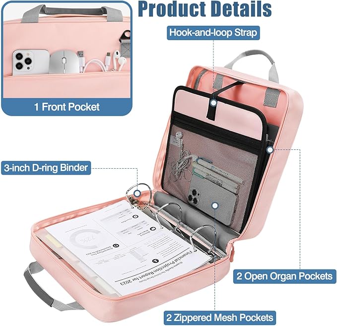 Moko Zipper Binder, 3 Inch 3 Ring Binder with Zipper,700 Sheets Capacity Zipper Binder with Shoulder Strap & Handle,Multi-Pocket Zipper Binder Organizer for Middle School, Pink + Gray