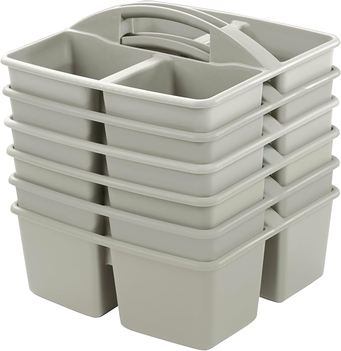 ECR4Kids 4-Compartment Medium Plastic Caddy, Multipurpose Organization, Grey, 6-Pack
