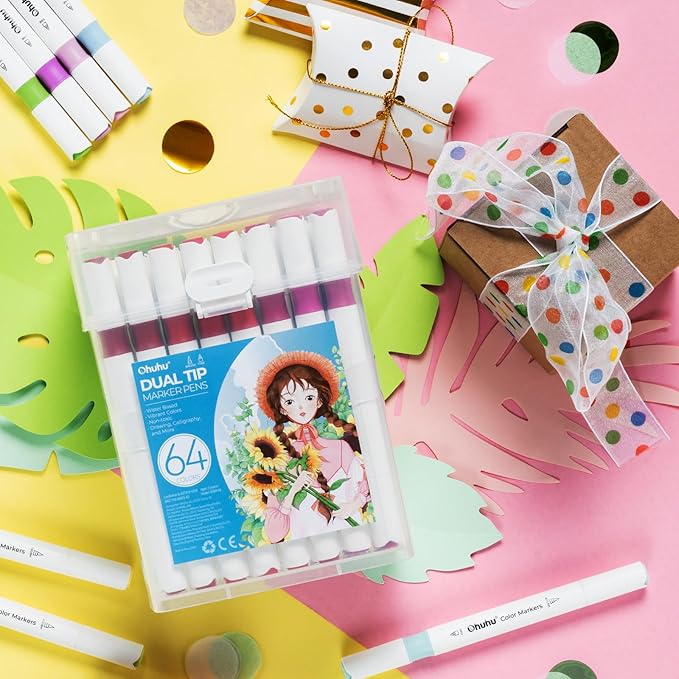Ohuhu Markers for Adult Coloring Books No Bleeding 64 Colors Brush & Fine Water-based Coloring Markers Dual Tips Drawing Pens for Kids Adults Beginners Lettering Journaling