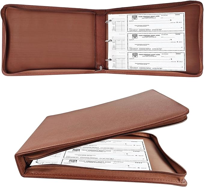 LLi Cufite 3 Rings Check Binder for End-Stub Deskbook Checks, Zipper Business Check Binder, 3 on a Page, Fit 3 & 9 Holes Check Faux Leather (Brown)