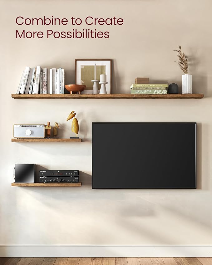 VASAGLE Wall Shelves Set of 3, Floating Shelves, 8 x 15.7 x 1.5 Inches, Display Shelves for Picture Frames, Wall Decor, Hanging Shelf for Living Room, Kitchen, Rustic Brown ULWS055B01